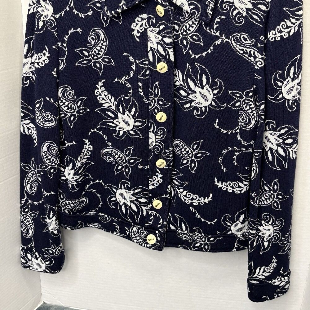 St John Collection Marie Gray Woman Navy Blue & White Floral Tapestry Cardigan 6 - Picture 3 of 8